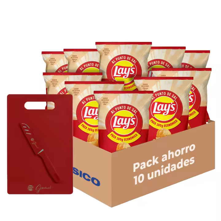 Pack Regalo Lay's al Punto de Sal - Patatas Fritas con Sabor Original, Pack Regalo de 10 Bolsas de Patatillas Deliciosas e Irresistibles, Snack y Aperitivo, Total: 10 x 265g = 2650 g + Tabla de Cortar y Cuchillo - 1