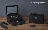 SONGMICS Caja de Relojes, Estuche de Relojes con Tapa de Cristal de 2 Niveles, con Cerradura, 1 Cajón, para Anillos, Pulseras, Regalo Ideal, Cuero Sintético Negro y Forro Gris/ Cuero Sintético Negro y Forro Negro/Cuero Sintético Negro y Forro Rojo Vino - details 1