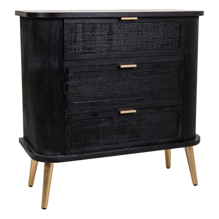 WANDERLUST DECO Cómoda de madera y rejilla lacado negra 80x35x81h cm - 1