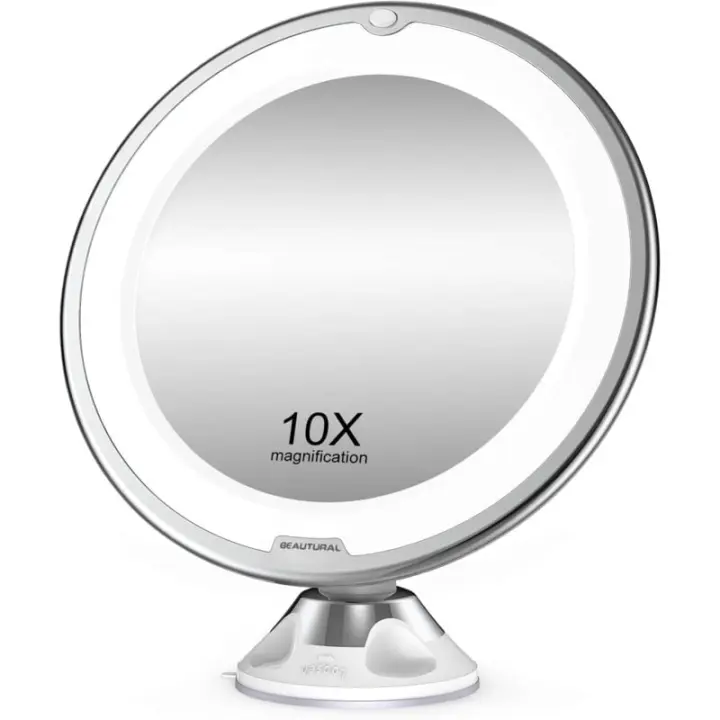 Espejo de maquillaje con aumento de 10x y luces LED, 1 rótula, accesorio ajustable de 360°, espejo cosmético portátil, para baño, viajes - 1