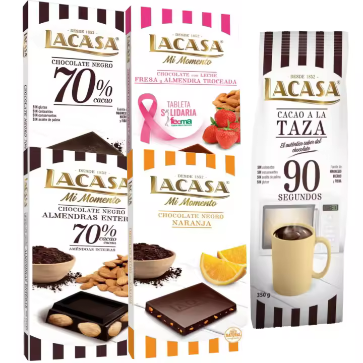 Lacasa pack de 5 tabletas de chocolate:taza 90 segundos 350g, naranja 100g , leche fresa y almendra 100g ,negro 100g , almendra 200g - 1