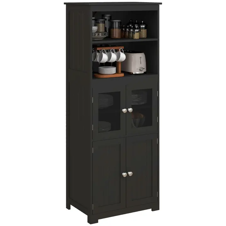 HOMCOM Alacena de Cocina Aparador de Comedor con 2 Puertas de Vidrio Templado 2 Estantes Abiertos y Balda Ajustable para Salón 60x30x162 cm Blanco - 1