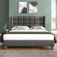 Cama tapizada con cabecero tapizado Cama Doble con somier, 140x200 cm, Lino gris, Firmeza Media (sin algodón) - details 0