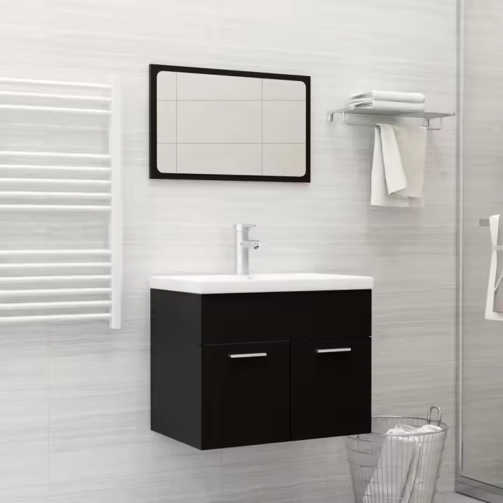 vidaXL Juego de muebles de baño madera de ingeniería en color Blanco/Negro | almacenamiento funcional diseño moderno para baño dormitorio sala - 1