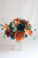 25pcs Flores Artificiales Verdes Turquesas Y Terracota Ombre Con Ramas Rosas PE Para DIY Arreglo De Boda Decoración Del Hogar - details 4