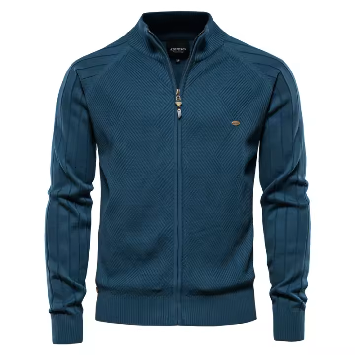 Suéter para Hombre, Chaqueta Cárdigan de Otoño para Hombre, Nuevo suéter Jacquard con Solapa de Color sólido, suéter Informal con Cuello Alto - 1