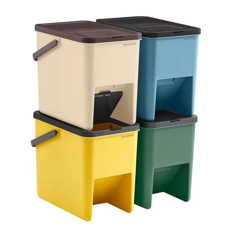 SONGMICS Cubo de Basura, Juego de 4 Cubos Apilables, 20 L Cada, Sistema de Separación Residuos, Tapas Apertura a Presión, con Pegatinas, Cubo de Almacenaje, Amarillo, Azul, Beige y Verde - 1