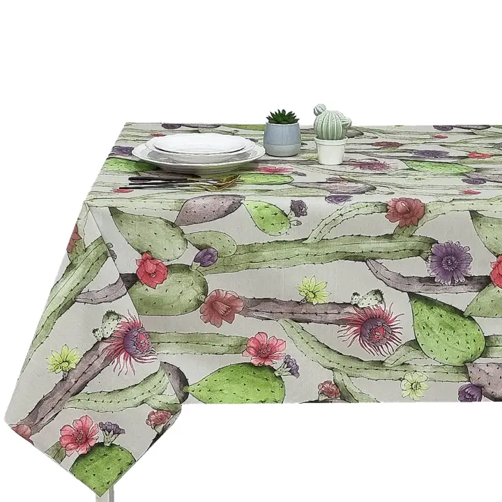 Mantel antimancha digital, Mantel lavable, Impermeable, Tela algodón, Para mesa rectangular, Ideal para hogar,, Estilo moderno, Flores,Cactus, Fondo blanca marfil, Ancho 137cm ,DM130 - 1