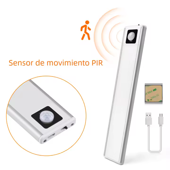 Lámpara de Armario LED Ultra Delgada con Sensor de Movimiento PIR Luz de Cocina Recargable de Aluminio Iluminación Portátil para Noche - 1