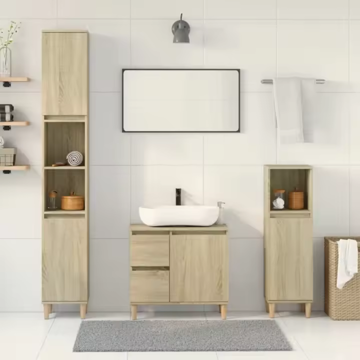 vidaXL Set de muebles de baño 3 pzas madera contrachapada roble marrón en color Marrón roble/Blanco/Gris hormigón y más | almacenamiento funcional diseño moderno para baño dormitorio sala - 1