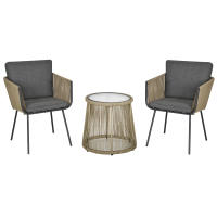 Outsunny Conjunto de Jardín Exterior de 3 Piezas Juego de 2 Sillas y Mesa de Ratán con Cojines Acolchados y Encimera de Vidrio para Balcón Terraza Café y Gris - details 0