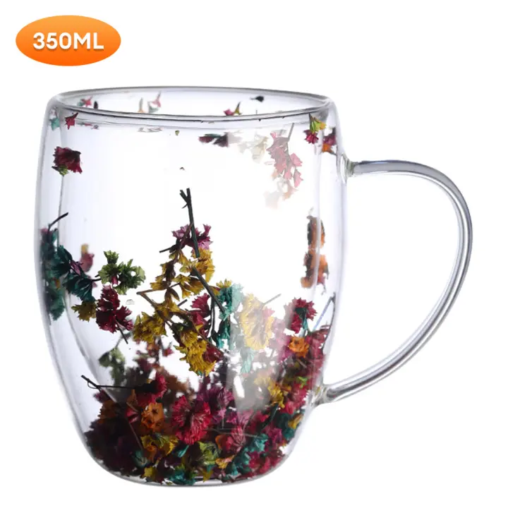 Taza De Vidrio Doble Capa Creativa Y Bonita Con Flores Reales Taza De Café Con Asas De Alta Borosilicato Para Regalos Personales - 1