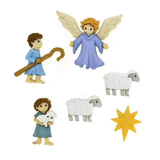 Botones decorativos Angel pastores obejas y sol para Pesebre Botones decorativos para patchwork de Navidad de los Pesebre con angel, obejas, pastores y sol Dress it Up   Se vende a metros, siempre se envian los metros enteros y sin cortes - 1