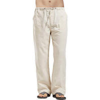 Pantalones Largos De Lino Para Hombre Verano Pantalones Deportivos Casuales Elásticos Ligeros Con Cierre De Cordón Color Sólido - details 5