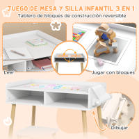 HOMCOM Juego de Mesa y Silla Infantil Mesa para Niños con Tablero de Bloques de Construcción y Rollo de Papel para Jugar Dibujar en Guardería Sala de Juegos Blanco - details 0