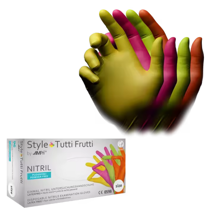AMPRI Estuche de Guantes de nitrilo desechables MULTICOLOR, mezcla de colores, sin polvo, estilo tutti frutti de Med-Comfort - 1