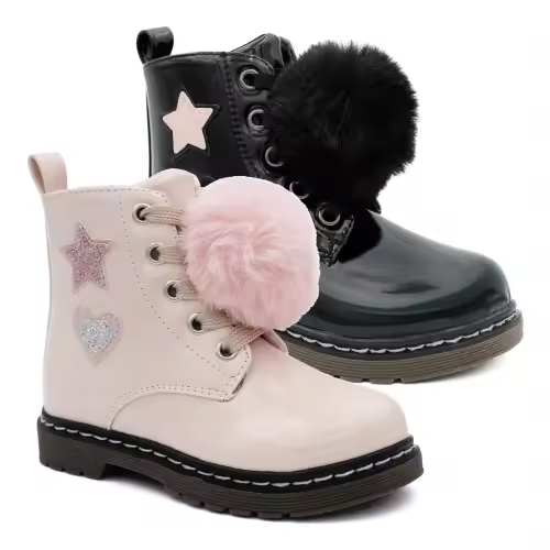 Bota charol niña pompón BUBBLE KIDS C1526 rosa y negro. - 1