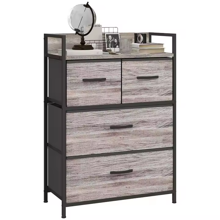 HOMCOM Cómoda con 4 Cajones de Tela Plegables, Cómoda para Dormitorio Industrial con Estante Abierto, Marco de Acero, Cajonera para Espacios Pequeños, Sala de Estar, Vestidor, Baño, Gris - 1