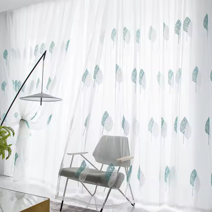 Cortina Transparente De Tules Bordada Con Patrón De Hojas De Café Diseño Moderno Y Pastoral Para Sala De Estar 1 Pieza - 1