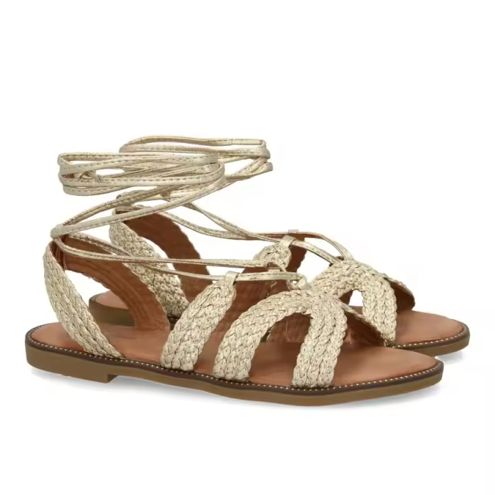 Sandalia mujer cómoda verano con cordones al tobillo dorado - Chanclas romas mujer cómodas - 1