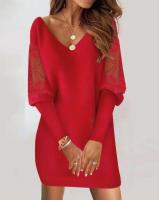 Vestido De Mujer Con Cuello En V Profundo Y Manga Larga De Terciopelo Con Diseño De Encaje Y Estampado Para Primavera Y Otoño - details 2