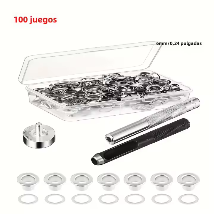 Kit De Grommets 100 Sets Tamaños 6/10/12/14mm Con 3 Herramientas De Estampado Para Reparación De Cuero Ganchos Y Ropa Impermeable - 1
