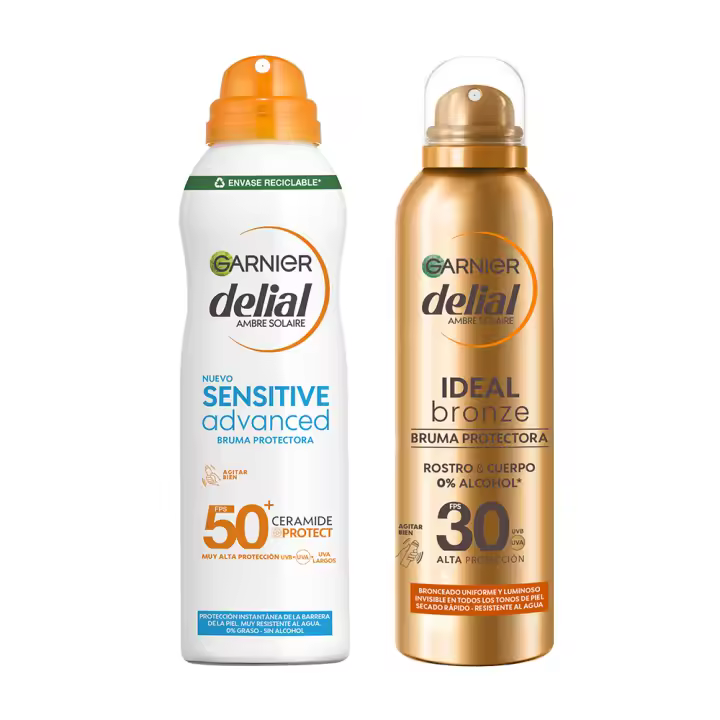 GARNIER | Delial Sensitive Advanced Bruma Protectora Solar para pieles claras, sensibles e intolerantes al sol IP50+. Muy resistente al agua, 0% pegajoso, 0% graso +Ideal Bronze Bruma Protectora FPS30 - 150+150 ml - 1