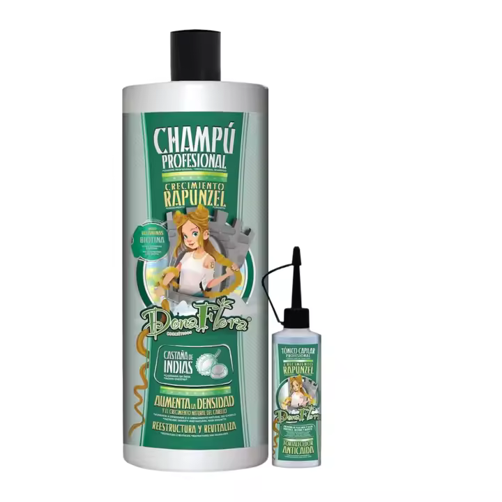 Pack Champú + Tónico Capilar, Tratamiento Rapunzel, Dona Flora Cosméticos, con Ingredientes activos de Biotina, Vitaminas y Castaña de Indias. Para todo tipo de Cabellos. Tratamiento de Crecimiento y Anti- Caída. - 1