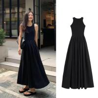 Vestido Largo Elegante Y Elegante TKNOLEGE Para Mujer Verano Cuello Redondo Sin Mangas Cintura Alta Estilo Preppy Negro - details 0