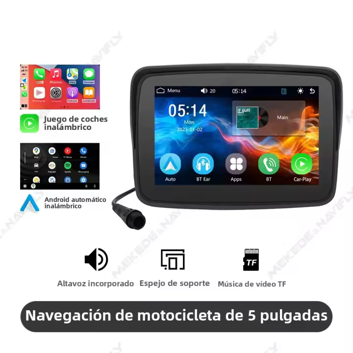 Monitor Portátil De Navegación GPS Para Motocicleta 5'' IPX7 Impermeable Con Parachoques Wireless Carplay Android Auto Dual BT WIFI - 1
