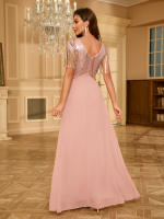 Vestido De Talla Alta Con Borlas Y Abertura Alta Glitter V-Neck De Tela De Chiffón Rosa Con Parches De Lentejuelas Para Mujer - details 2