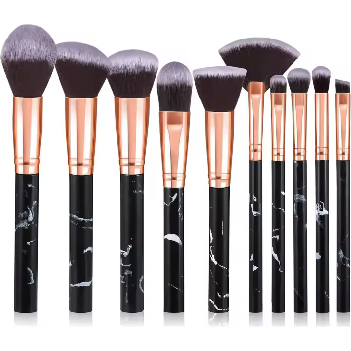 Brochas de Maquillaje Profesional, Set de 10 Pincel de maquillaje de mármol, Premium Sintético Pinceles de maquillaje para Fundación Sonrojo Ocultadora Polvo Líquido Crema (Negro) - 1