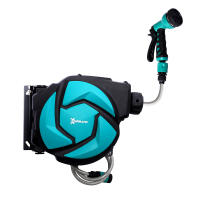DURHAND Carrete para Manguera Retráctil 10m con Cabezal Multifuncional Sistema de Enrollado Automático con Bloqueo Conector de 1m para Jardín Césped 28x14x34 cm Negro y Verde - details 0