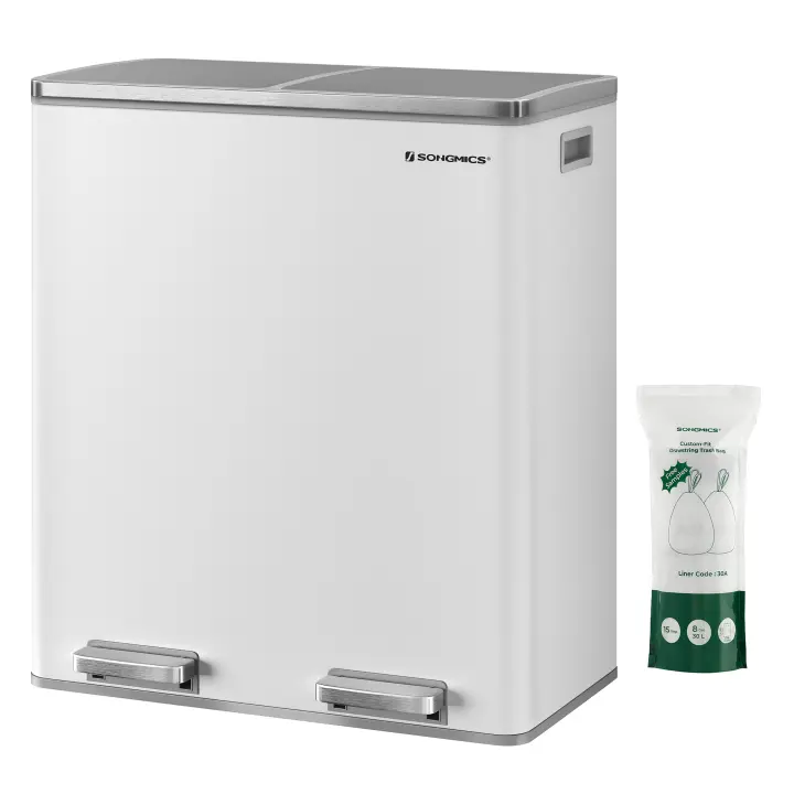 SONGMICS - Cubo de basura con doble compartimento de 2 x 30 L, con 15 bolsas de basura, pedal de metal, 2 cubos de plástico, tapas, asas, cierre suave, hermético, Blanco y Plata/Crema/Gris Verdoso - 1