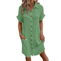 Vestido Elegante De Verano Para Mujer Con Cuello En V Y Mangas Cortas Botones Y Cuello Encogible Vestido De Oficina Para Dama Con Estilo Robe - details 4
