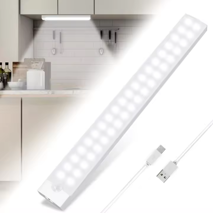 Paquete de luces LED regulables con sensor de Movimiento de 500 mAh y 26 LED para Armarario, Luz Nocturna recargable por USB de 6000 K con banda magnética (30 cm) - 1