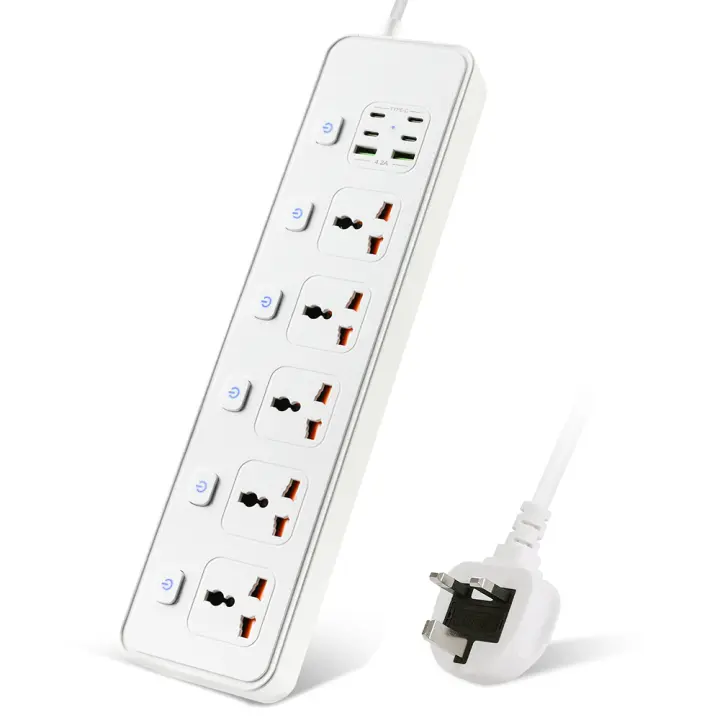 Enchufe Universal Con 5 Salidas 13A 250V 3250W 2m Cable Con 4 Type-C Y 2 USB Interruptor Independiente Estación De Energía - 1