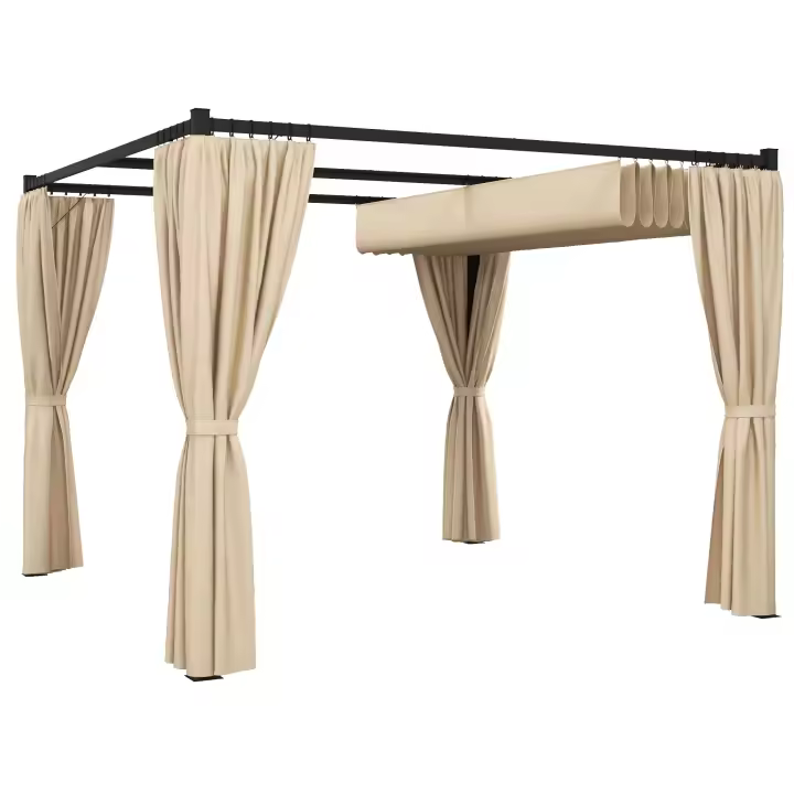 Outsunny Pérgola de Jardín 3x3 m Cenador para Exterior con Techo y Paredes Laterales Retráctil Marco Metálico Impermeable para Terraza Patio Beige - 1