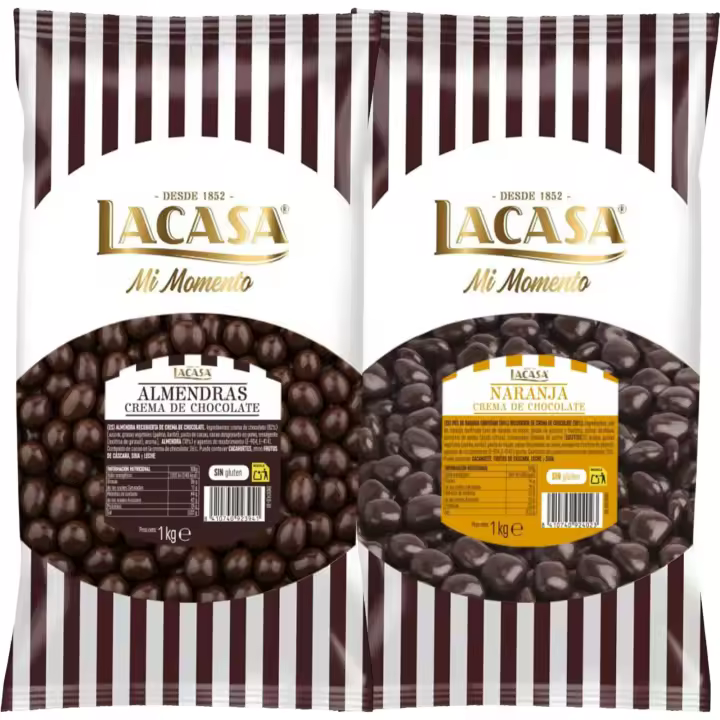 Lacasa Mi momento Pack 2 kg: deliciosas bolas de  Almendra con chocolate Negro y Dados de naranja con chocolate Negro - 1