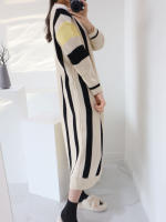 Vestido De Mujer REALEFT Otoño Invierno Grueso Vintage Rayado Suéter De Punto Manga Larga Cintura Alta Cuello Redondo Suéter De Moda Oficina Lady - details 6