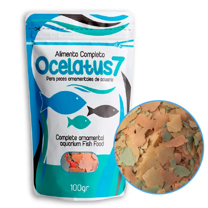 Comida Para Peces Agua Fría y Tropicales,  No Ensucia el Agua, Alimento en Escamas Para Peces de Acuario al Mejor Precio, Nutrición Completa, Alta Digestibilidad Menos Desperdicio Ocelatus 7 - 100 gr / 500 ml - 1