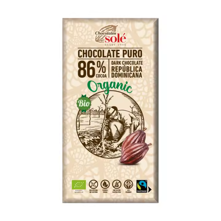 Chocolate Negro 86% Cacao Vegano y sin Gluten 100g - Chocolates Sole - 1