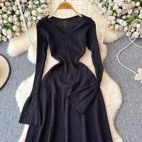 Vestido Largo Elegante Para Mujer Con Mangas Flared Y Volantes Cuello V Solido Bodycon Para Fiesta Y Oficina Polyester Mid-Calf - details 26