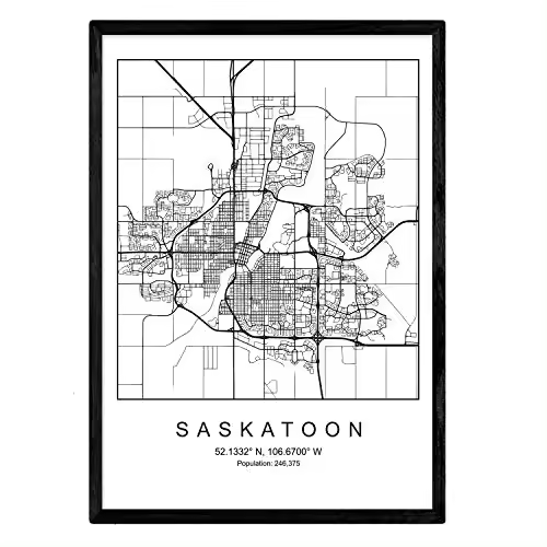 Nacnic Lámina Mapa De La Ciudad Saskatoon Estilo Nordico En Blanco Y Negro - Poster Enmarcado Papel 250 Gr - Cuadros, Láminas y Posters Para Salon y Dormitorio - Madera MDF - Plexiglás - Anclajes - 1