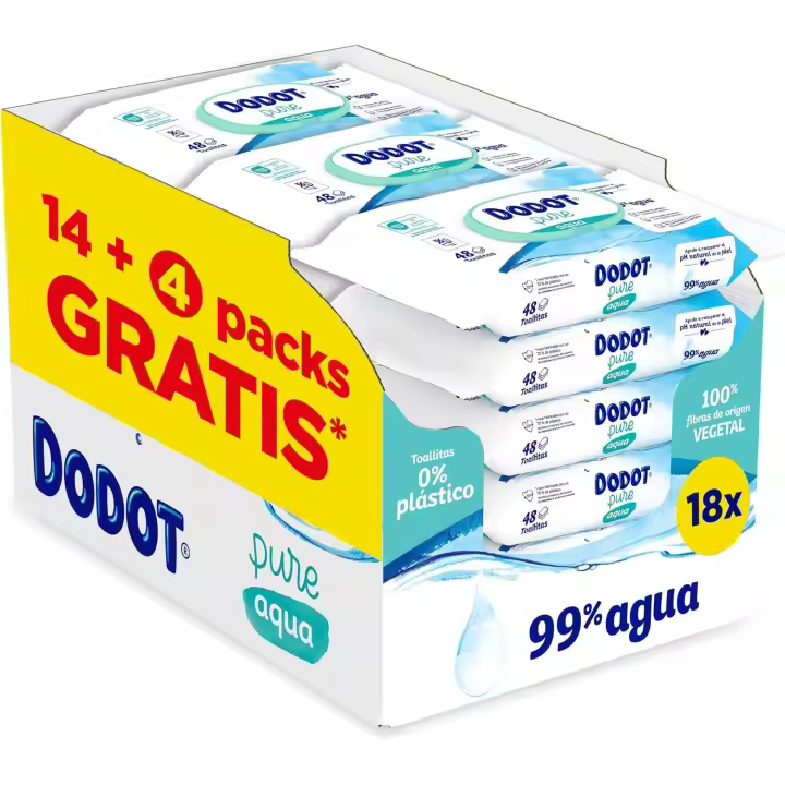 Dodot Toallitas Pure Aqua Para Bebé 18 Paquetes De 48 Unidades = 864 Toallitas, Ayuda A Restaurar El PH Natural De La Piel, 99% Agua - 1
