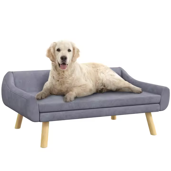 PawHut Sofá para perros y gatos con respaldo, sofá para perros con patas de madera, sofá para mascotas con cojín, cama para perros medianos y grandes, terciopelo gris, 102 x 58,5 x 42,5 cm - 1