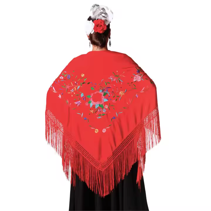 Mantón pico flamenco grande. Marca ANUKA. Medida 195X95cm sin contar los flecos (30cm), bordado a una cara. - 1