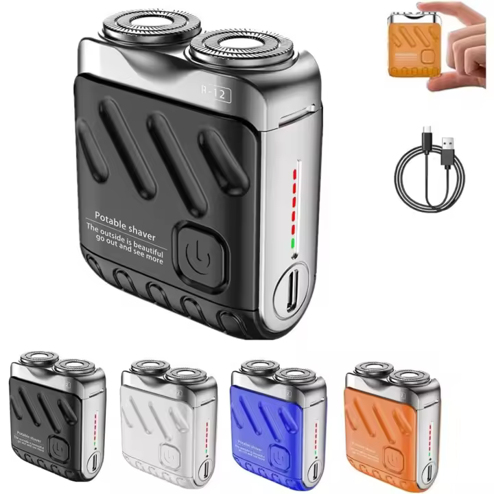 Mini afeitadora eléctrica portátil para hombre, diseño de equipaje, cortador magnético de doble anillo, afeitadora de bolsillo impermeable, afeitadora R-12 en seco y húmedo, afeitadora de viaje portátil recargable para viajes, oficina, viajes de nego - 1
