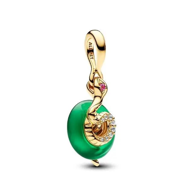 PANDORA Moments 763617 C01 - Colgante de serpiente de cristal de Murano verde con aleación de metal Chapado en oro, compatible con Plumas Moments y ME, viene con El original embalaje de Caja de Giunte. - 1