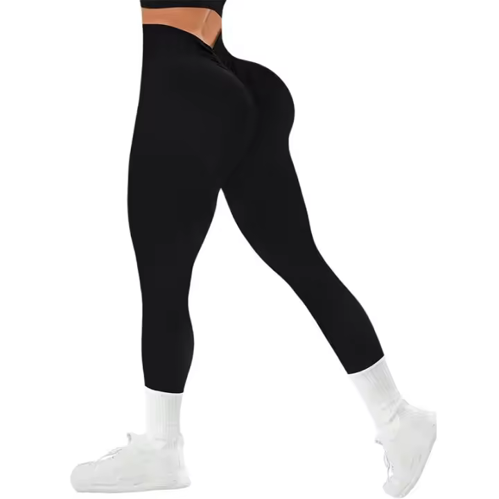 Pantalones De Yoga De Color Sólido Con Cintura Alta En V Y Costuras Sin Marcas Para Mujer Leggings De Gimnasio Y Correr Con Estiramiento Alto Tejidos En Ribete - 1